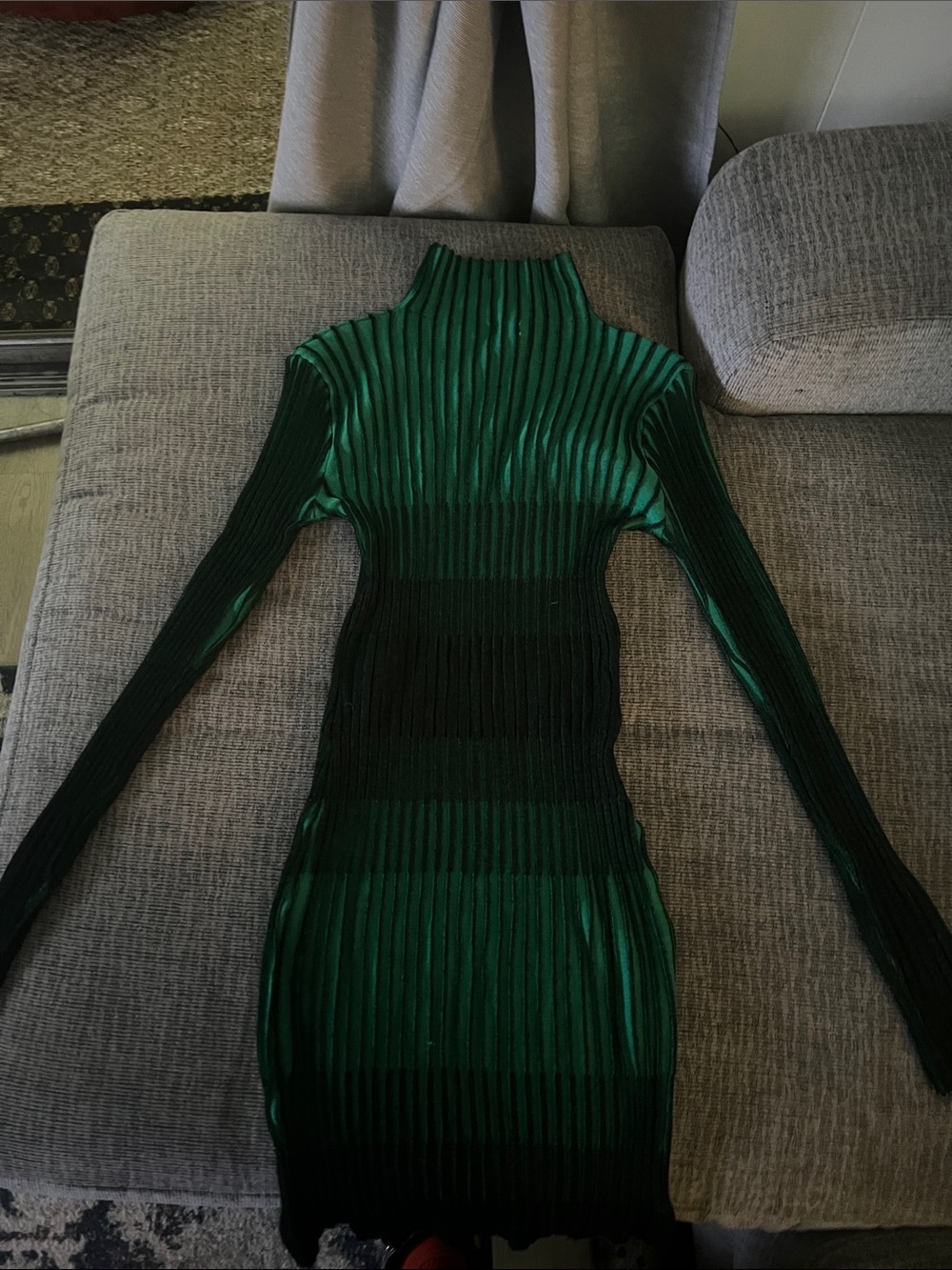 Fashion Nova Emerald & Black Ribbed Long-Sleeve Mini Dress